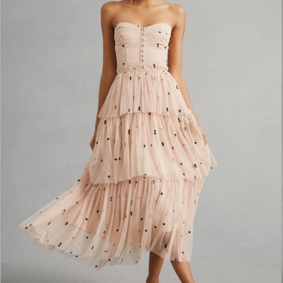 Maeve Dresses & Skirts - Maeve Strapless Blush Pink Tiered Tulle Maxi Dress with Black Dot Embellishments